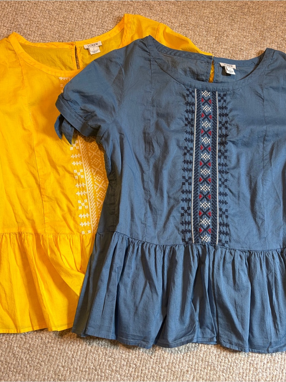 J. Crew Women’s 'Yellow Peplum Top and Blue Embroidered Peplum Top